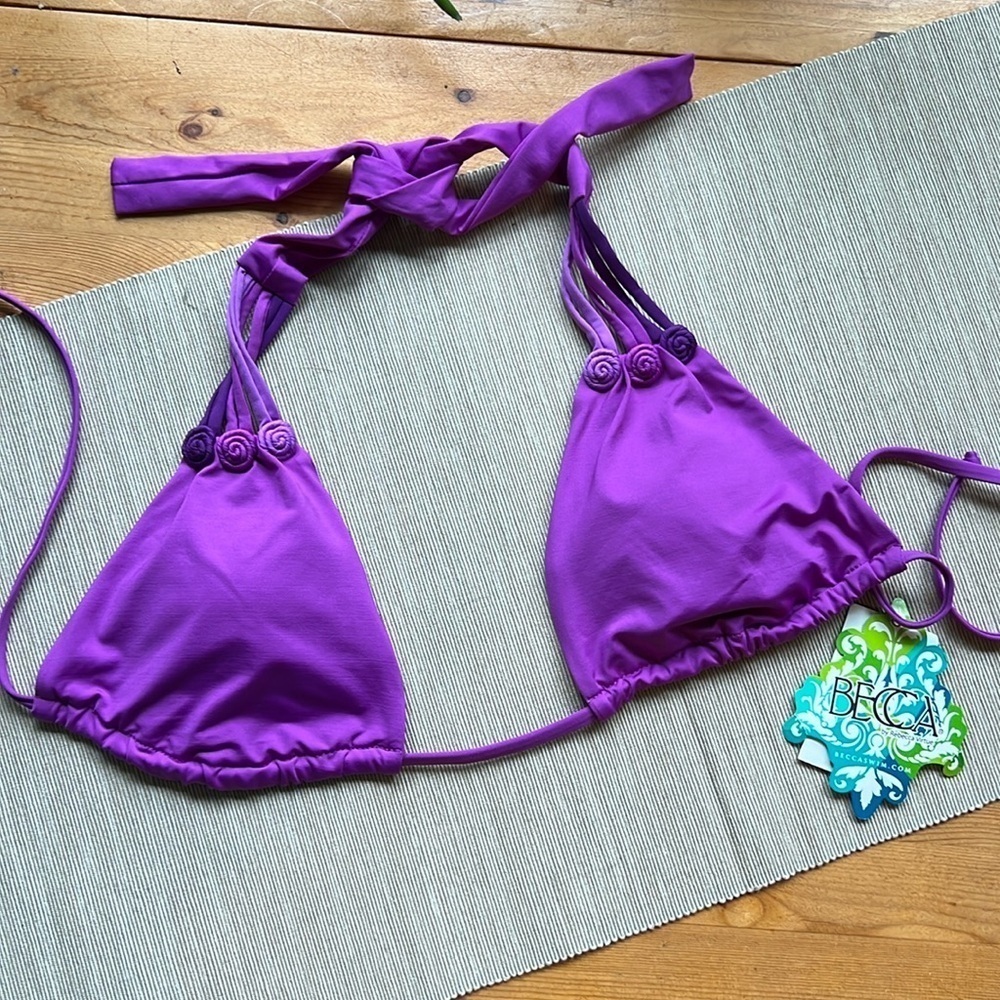 NWT  BECCA Bikini Top Purple Rosette Halter Large Swim Beach Resort